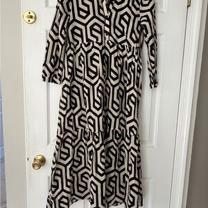 ZARA Black and Cream Geometric Long Sleeve Maxi Dress